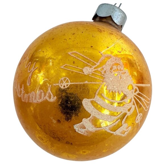 3 VTG Gold Glass Ornaments Santa Design Merry Christmas Tree stencil Mica Skiing - Picture 6 of 9